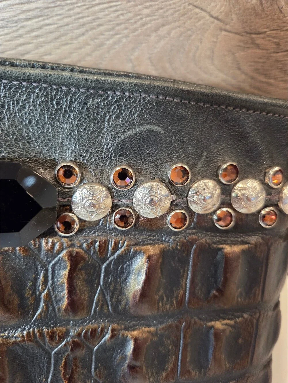 KurtMen Design Croc-Embossed Leather Clutch Gemstone Accents